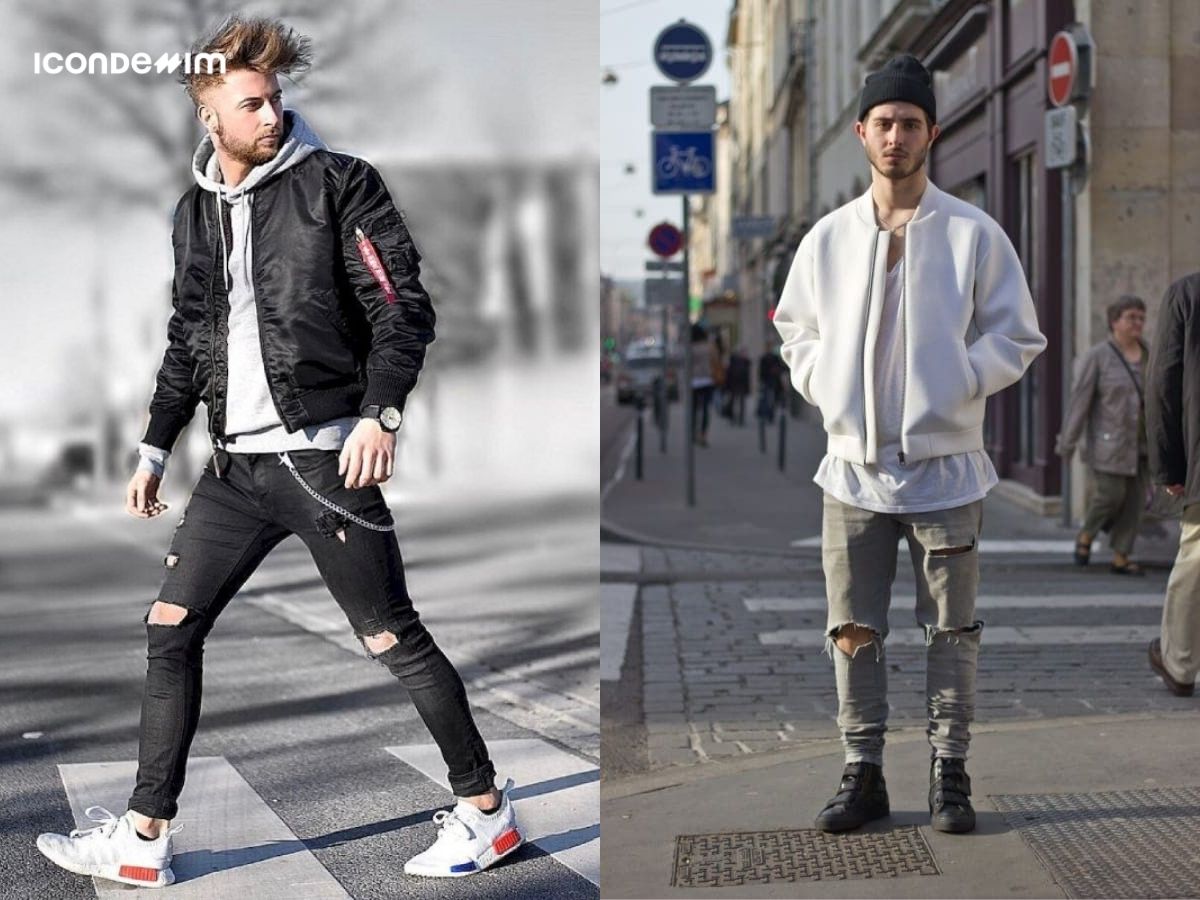 Set đồ áo khoác bomber với quần jeans ống rộng cực ngầu