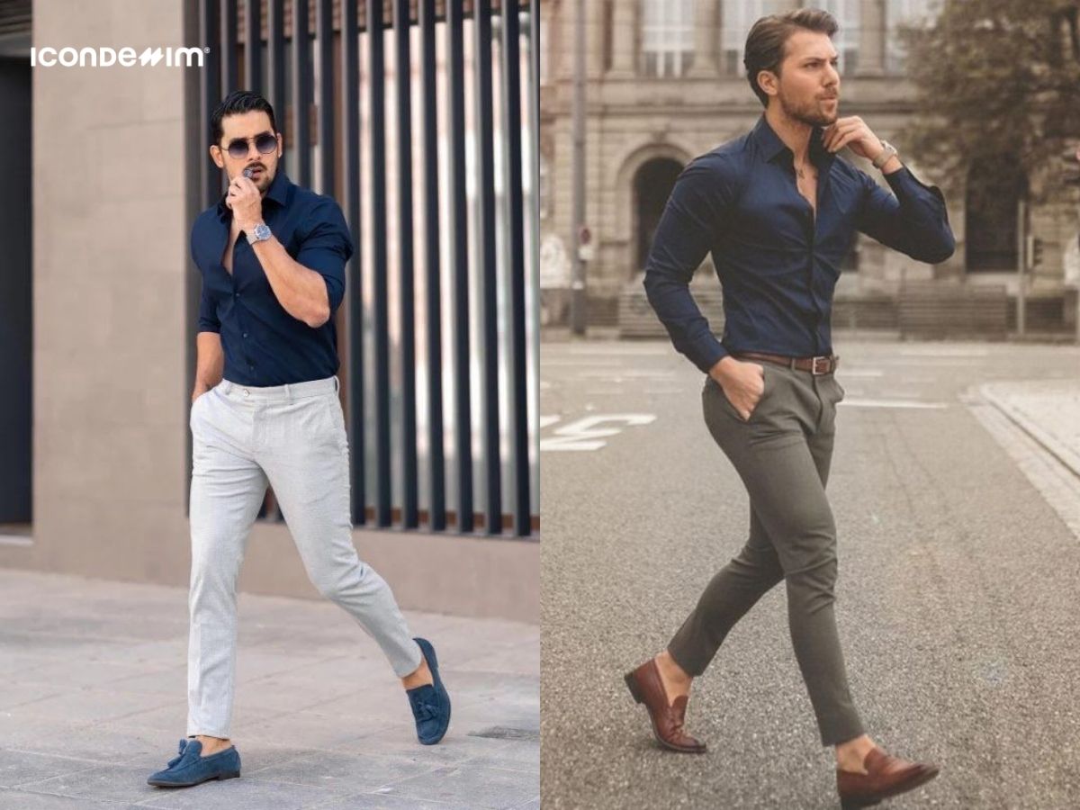 Diện set đồ quần ghi với áo xanh đen tạo phong cách thanh lịch