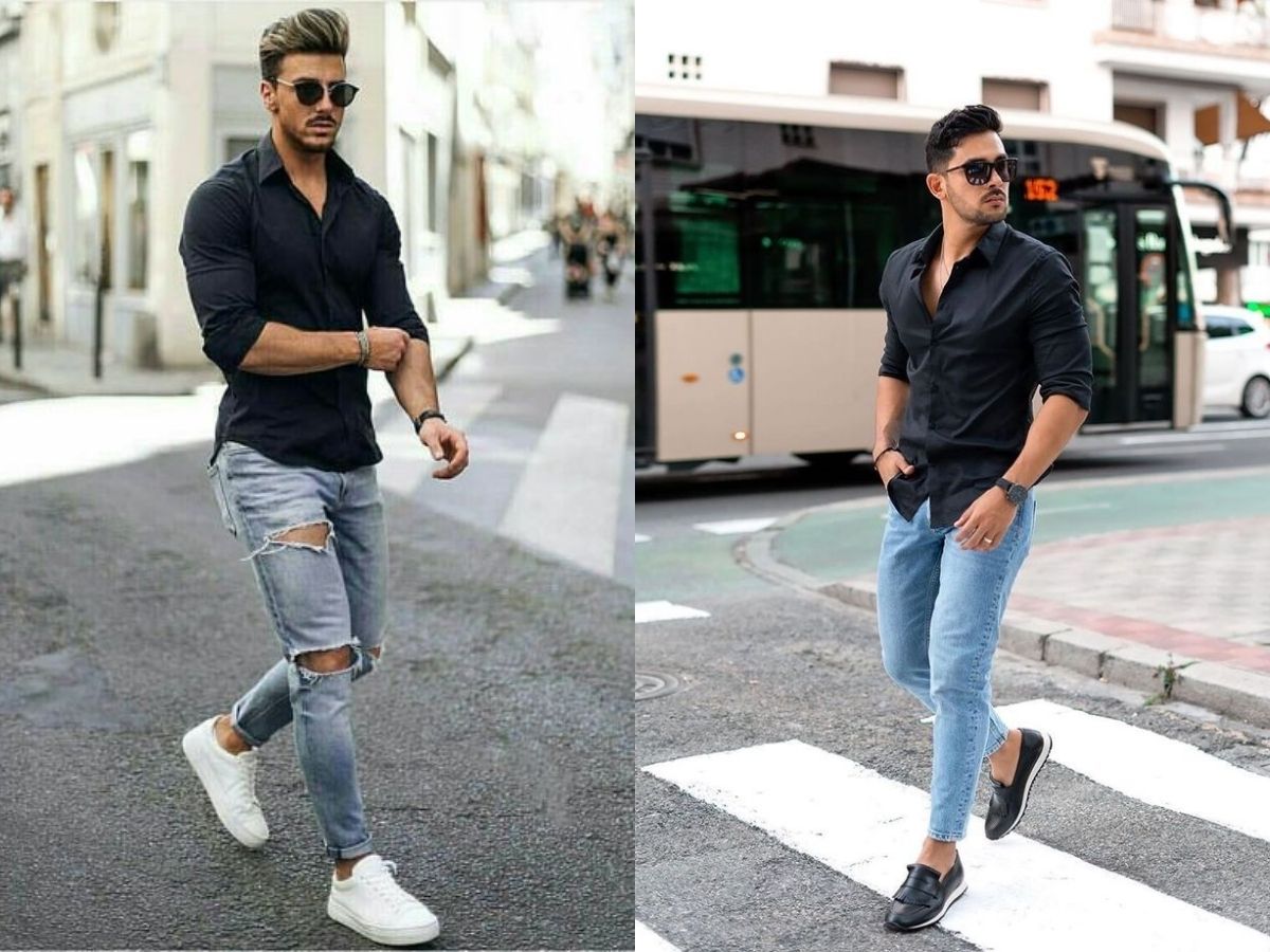 Phối áo sơ mi đen với quần jeans xanh cực cool