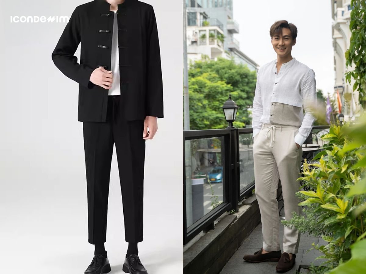 Phối áo sơ mi cổ tàu quần chinos và giày lười