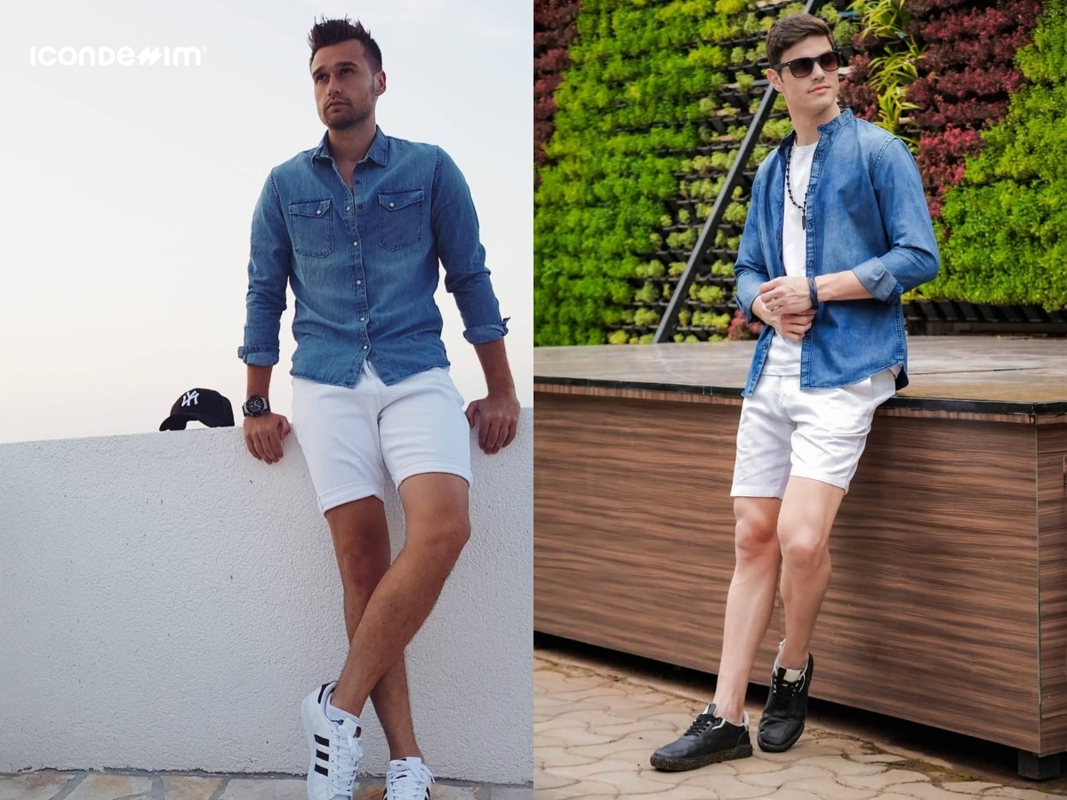 Áo sơ mi denim mỏng và quần short trắng