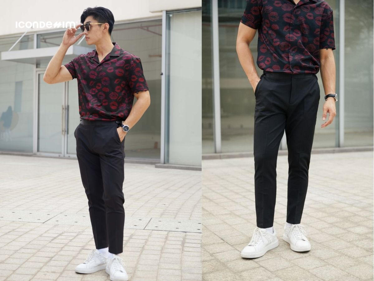 Phối áo sơ mi họa tiết với quần âu ngày tết