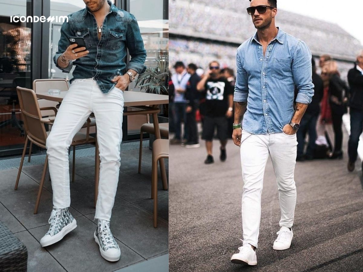 Áo sơ mi xanh denim với quần jeans trắng