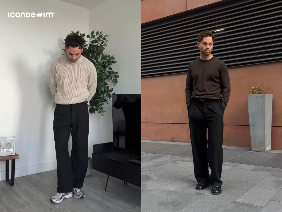 Phối sweater nam với quần ống rộng chinos