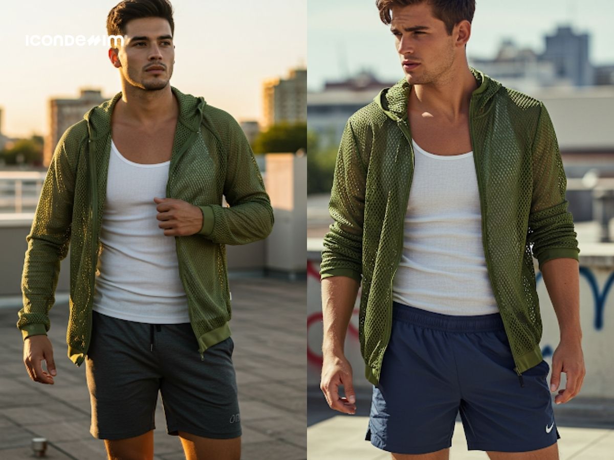 Phối áo khoác mesh xanh rêu với áo tanktop trắng và quần short thể thao