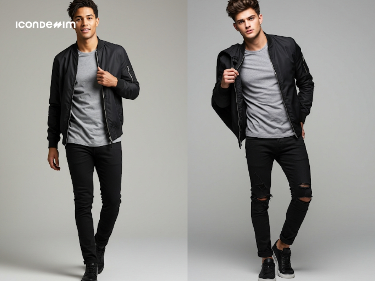 Set đồ áo thun xám, quần jeans đen, áo khoác đen cá tính