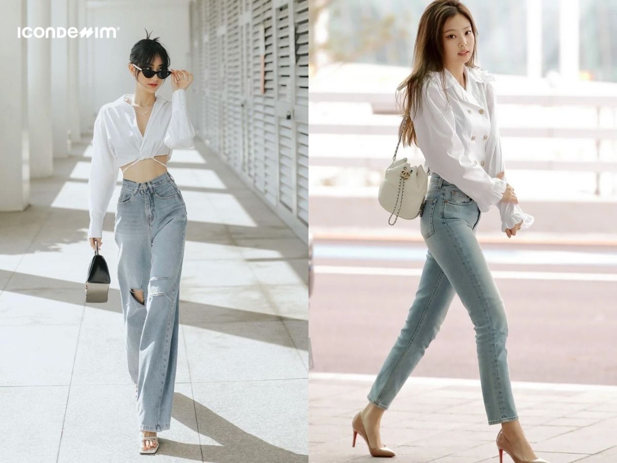 Áo sơ mi trắng với quần jeans cạp cao