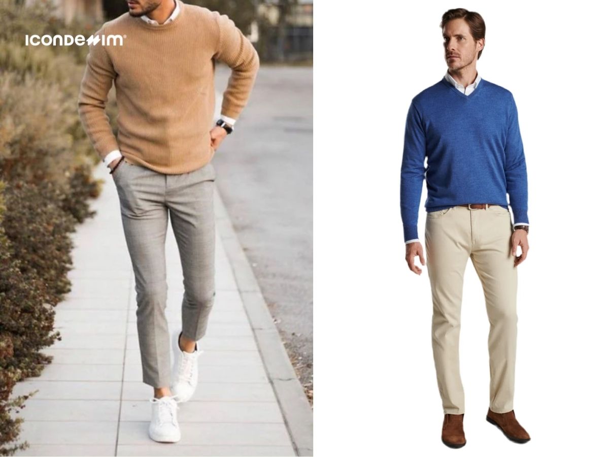 Áo sơ mi trắng mix với áo len và quần sáng màu