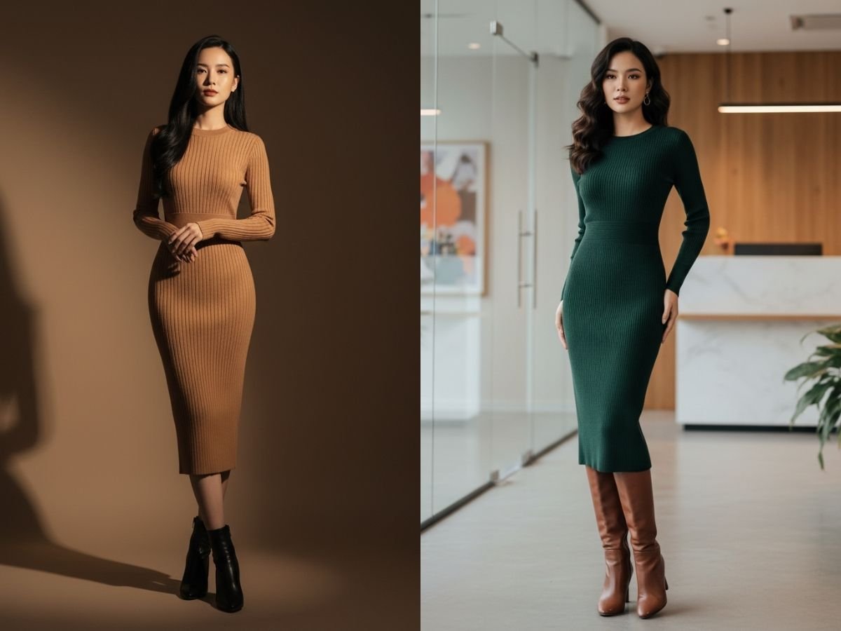 Trang phục mùa thu nữ tôn dáng với váy len midi