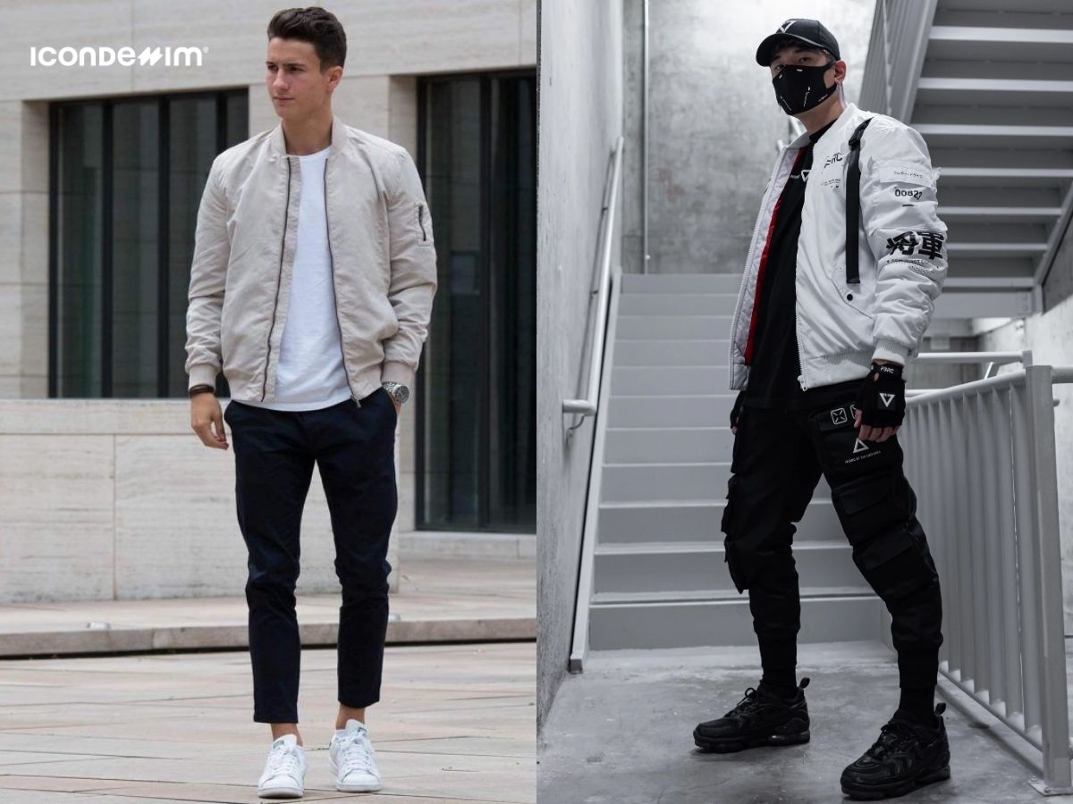Áo khoác bomber trắng kết hợp cùng quần jeans đen