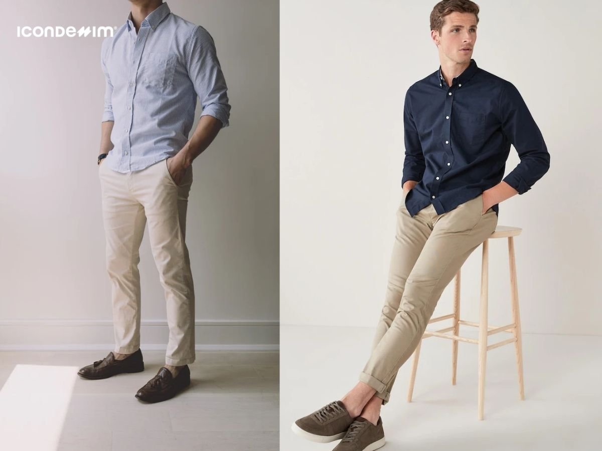 Quần chinos phối áo sơ mi oxford/linen