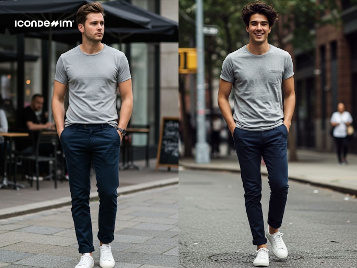 Phối áo thun cotton xám với quần chinos xanh navy và sneaker trắng