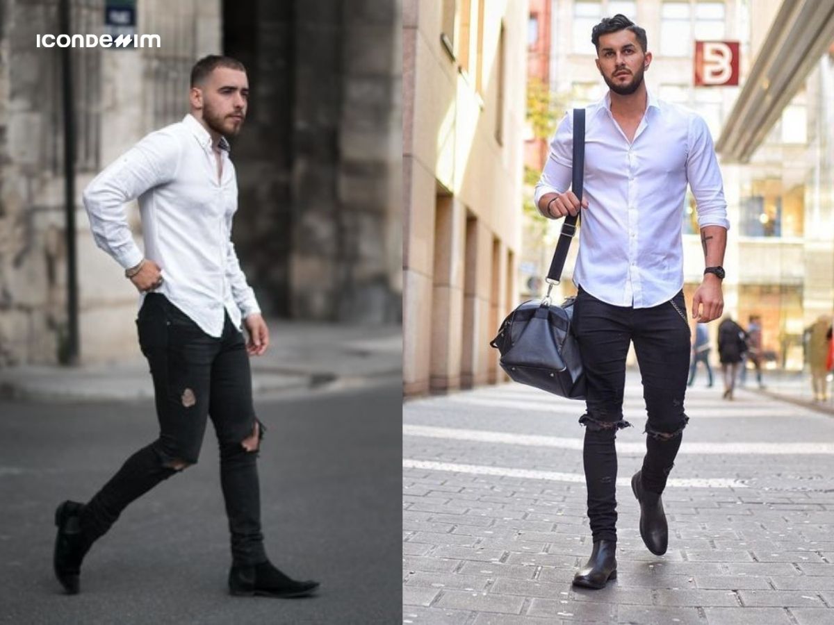 Set đồ quần jeans đen phối với áo sơ mi trắng mang đến vẻ ngoài lịch lãm, tinh tế