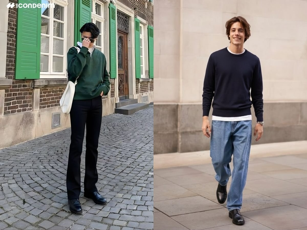 Phối đồ layer quần jeans ống loe, sơ mi và sweater