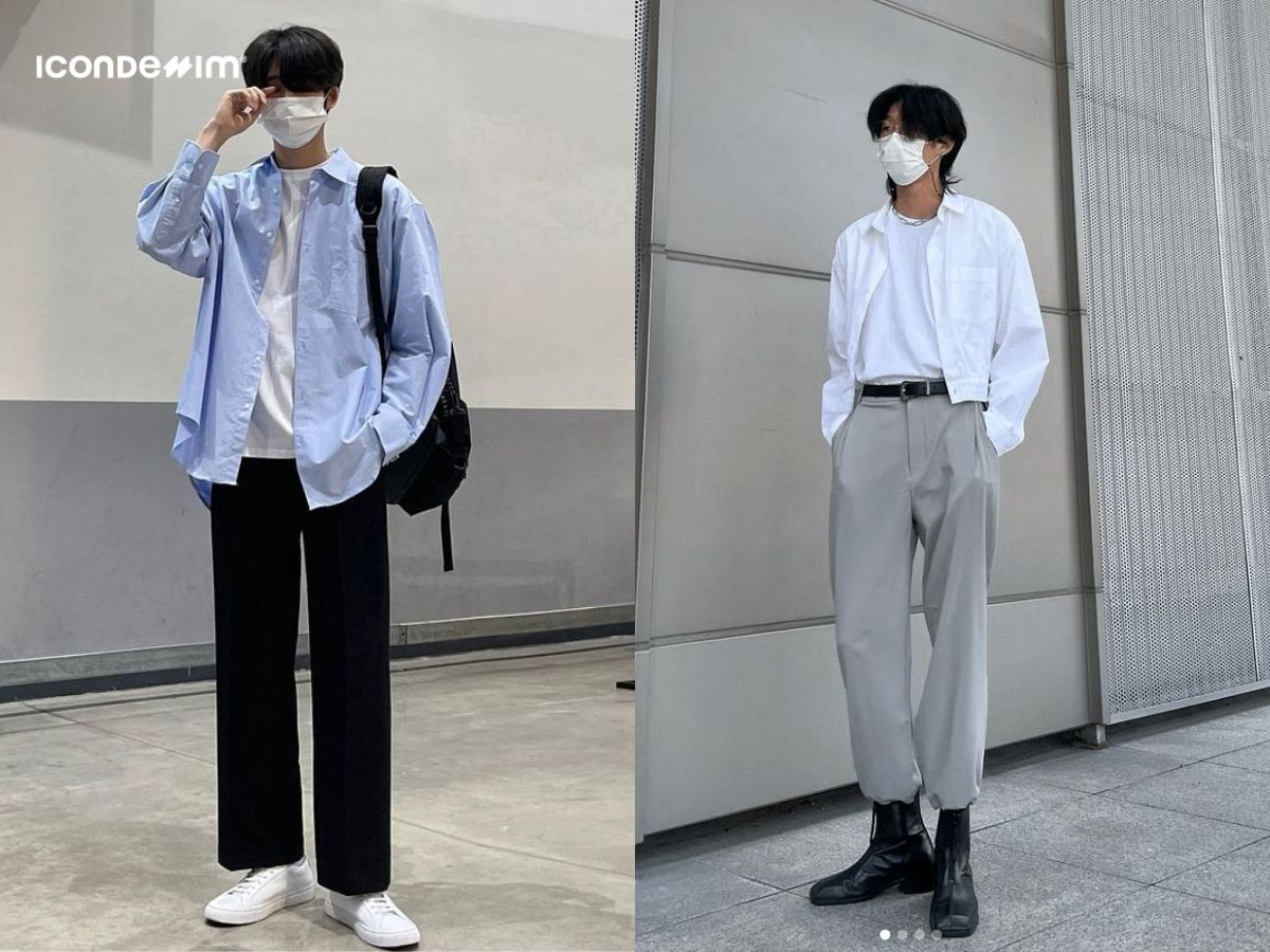 Quần ống suông và áo sơ mi khoác ngoài