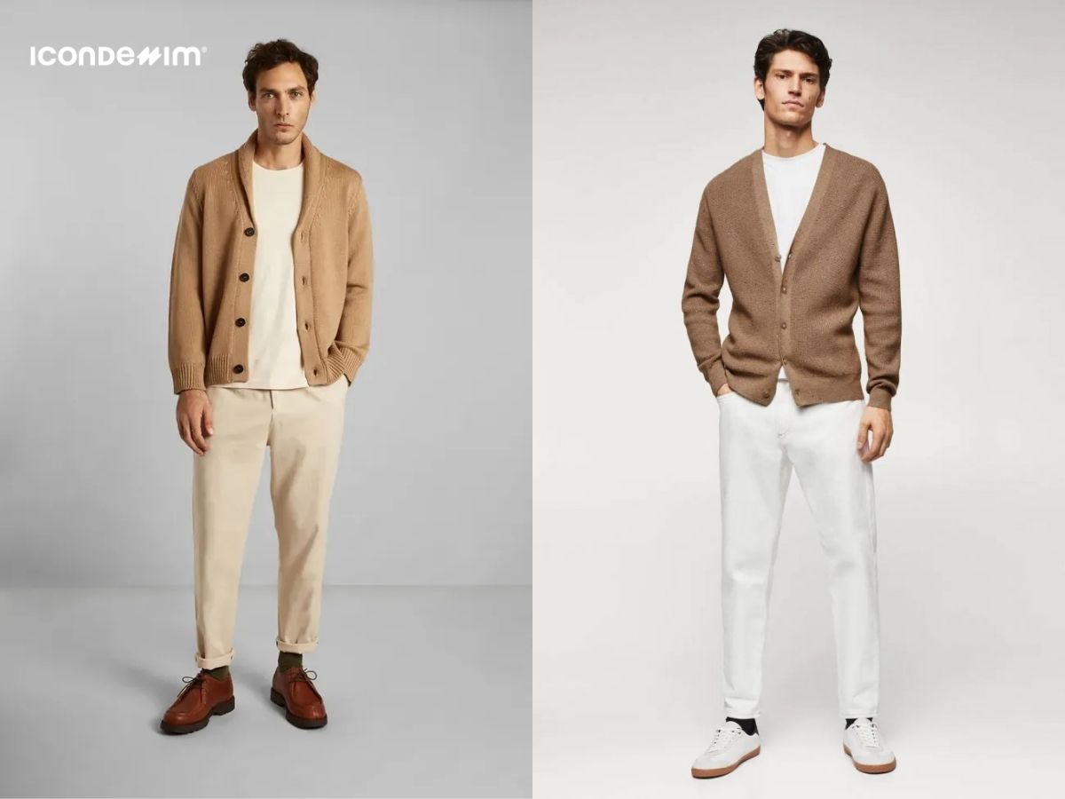 Áo thun và quần tây trắng cùng áo cardigan bên ngoài