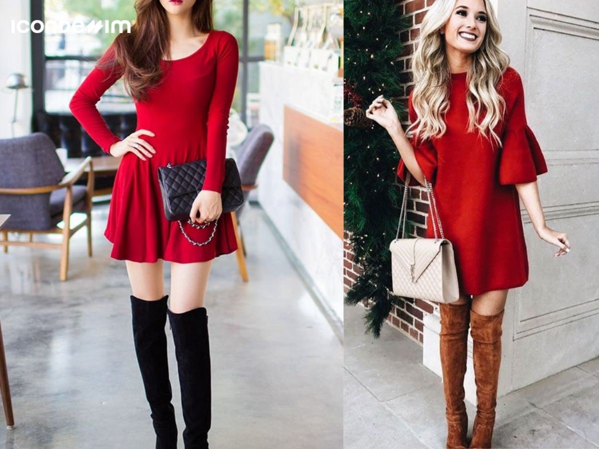 Outfit đi chơi giáng sinh cực ấn tượng với váy đỏ xòe boot cổ cao