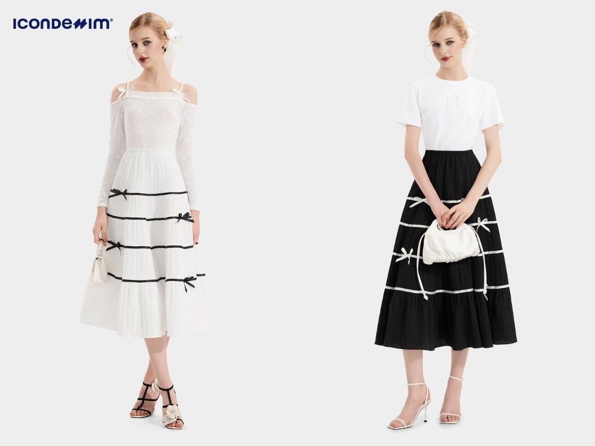 Mix đồ đi dã ngoại với váy midi lưng thun và nơ dịu dàng