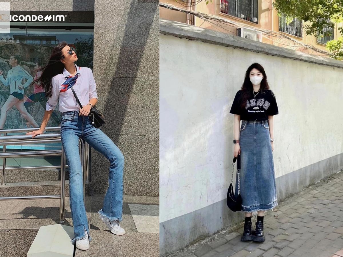 Outfit với quần jeans cạp cao hoặc chân váy jeans