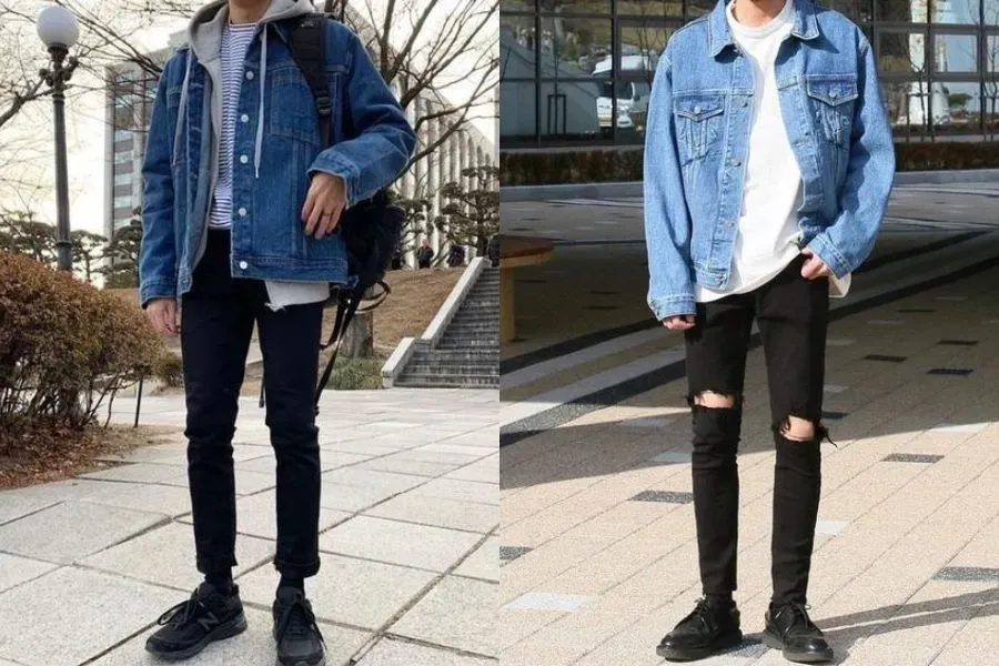 Áo thun x quần skinny mix thêm áo khoác denim là outfit phù hợp cho các bạn nam cool ngầu khi đi du lịch