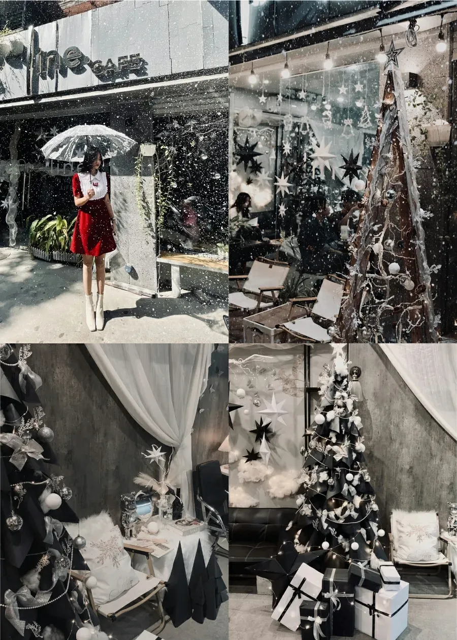 Line Cafe trang trí Noel theo tone trắng đen đầy sanh chảnh (Nguồn: Facebool)