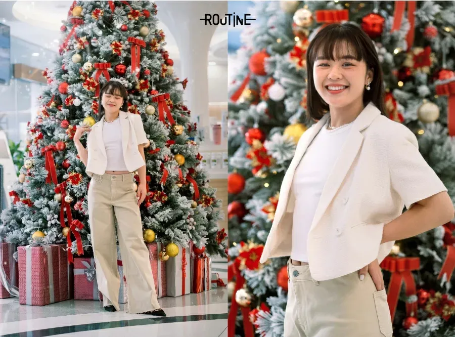 Chụp ảnh giáng sinh 2023 với áo blazer thanh lịch, đầy phong cách.