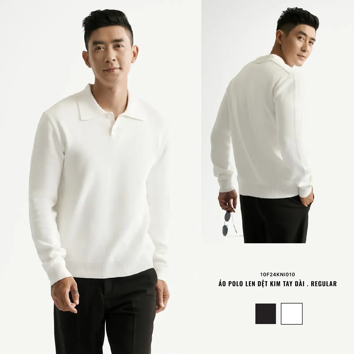 Áo polo len trắng kết hợp cùng quần tây đen là một lựa chọn hoàn hảo cho người mệnh Kim