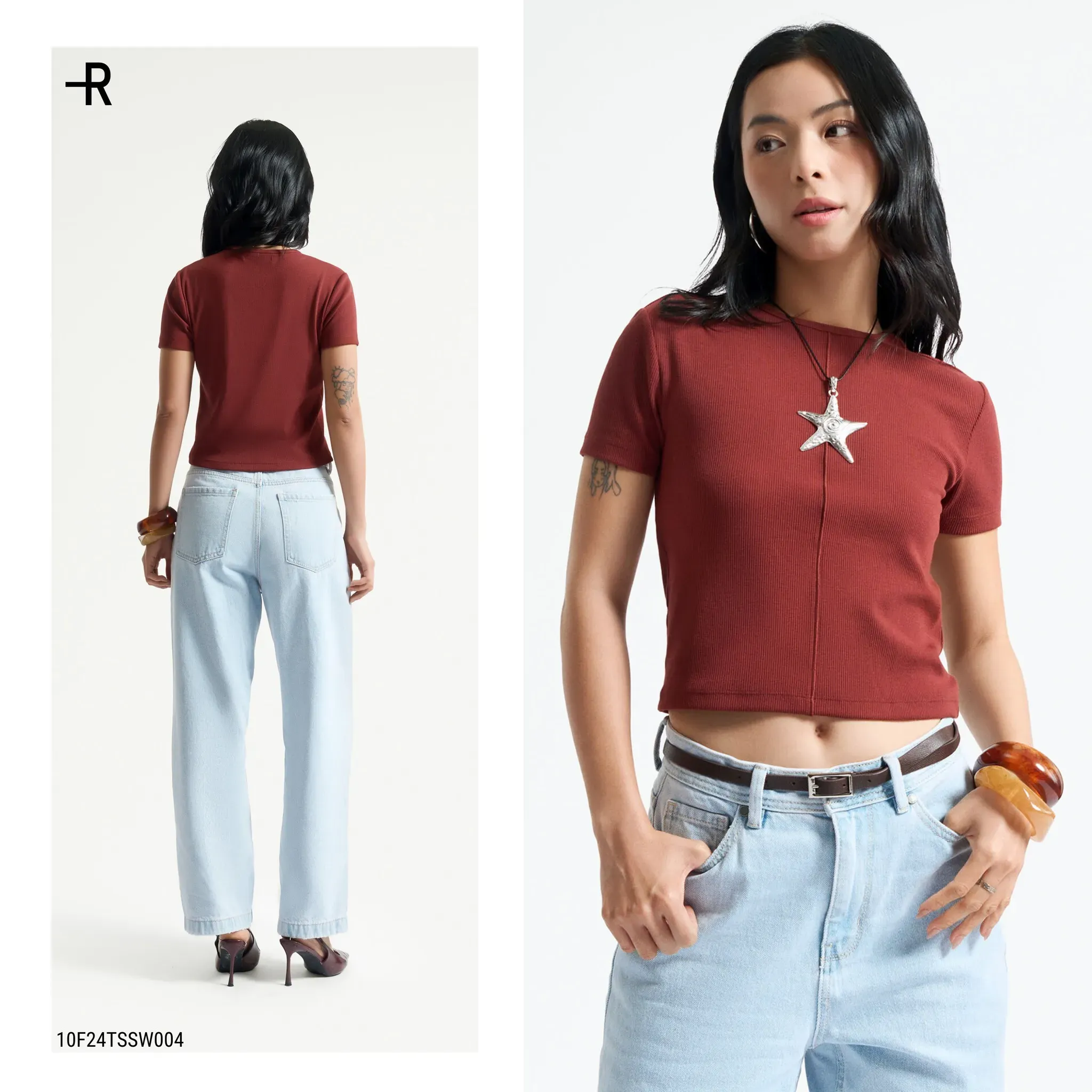 Áo croptop màu đỏ đất kết hợp với quần jeans xanh nhạt tạo nên một outfit trẻ trung và cá tính