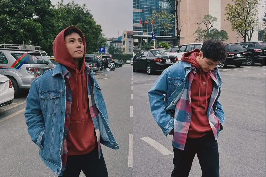Áo hoodie nam form rộng mix với áo khoác jean tạo nên set đồ cực chất, được giới trẻ ưa chuộng.