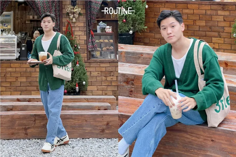 Áo khoác len cardigan là một item đa năng, giúp chàng tạo những bức ảnh Noel phong cách nhất.