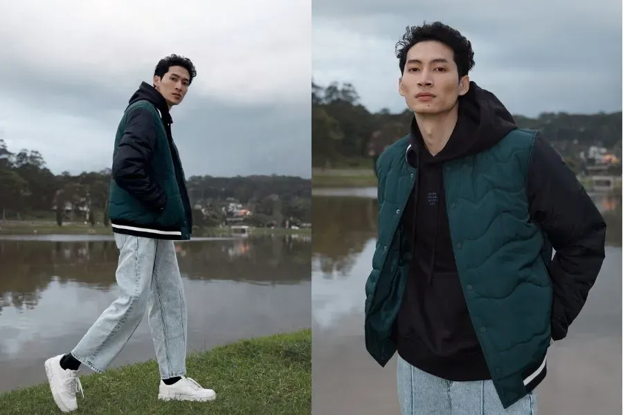 Sự kết hợp giữa hoodie và áo khoác chần bông mang đến vẻ ngoài ấm áp, phong cách cho mùa đông.