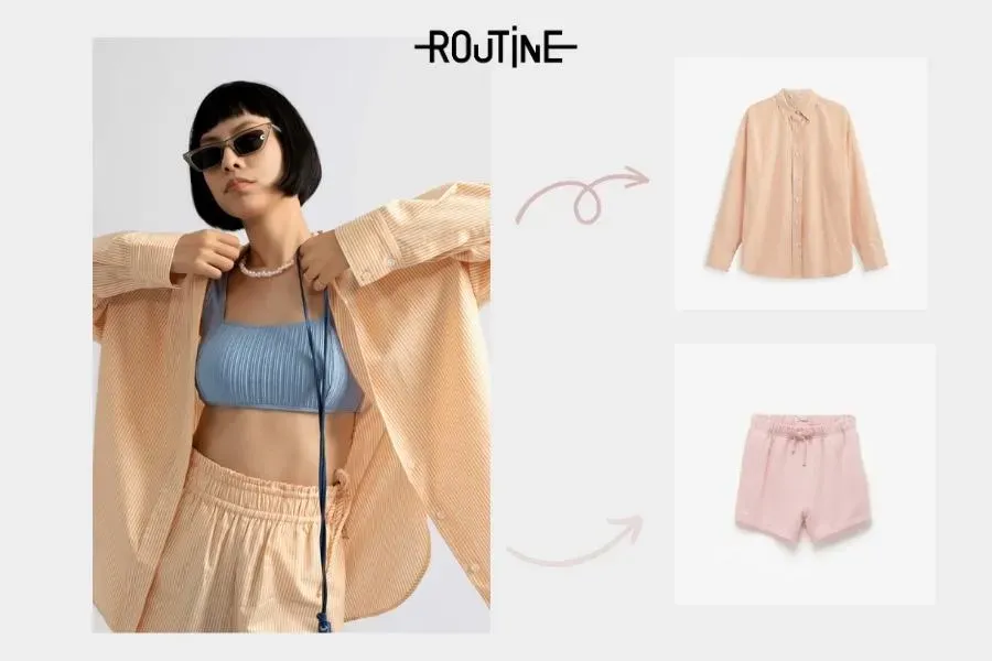 Áo sơ mi kết hợp cùng quần short thể thao và sport bra là cách phối trang phục thẻ thao nữ nhẹ nhàng.