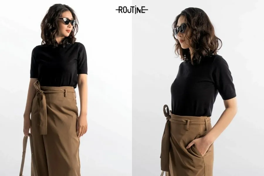 Áo len nữ dệt kim phối quần thắt nơ thanh lịch