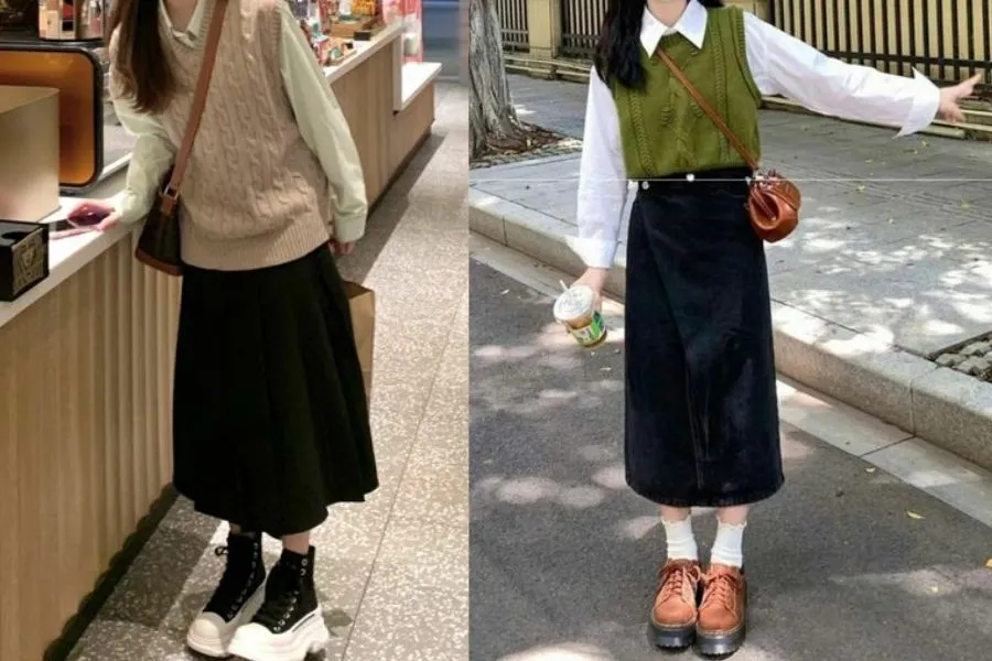 Áo len nữ dáng gile nhã nhặn phối cùng chân váy dài