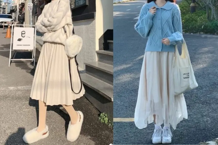 Set áo len với đầm xòe nữ tính