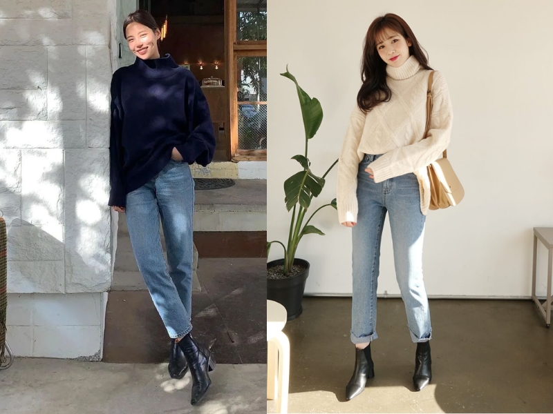 cách phối đồ với áo len dáng rộng