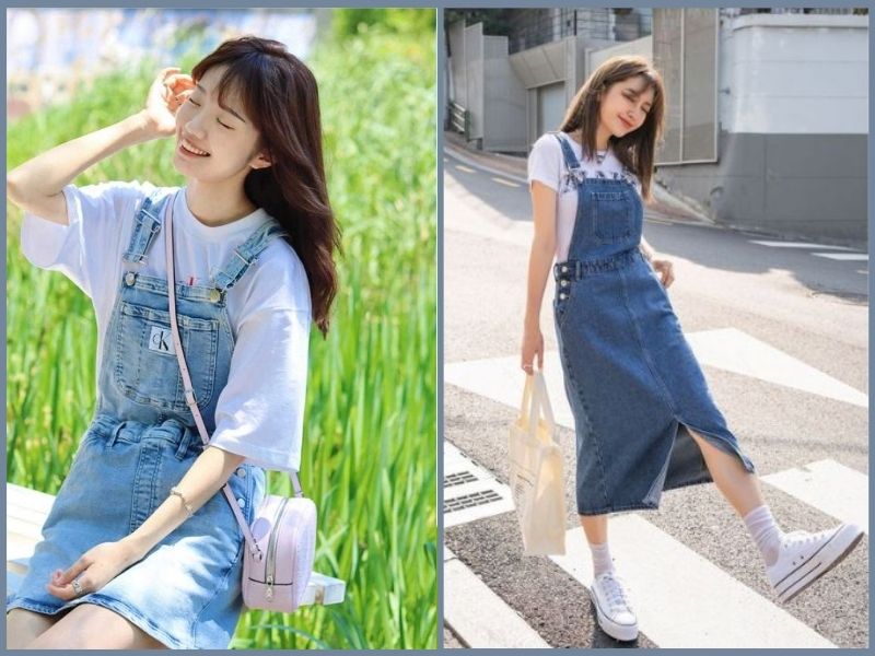 Yêu thích trẻ trung, dễ thương mix yếm và áo phông nữ trắng