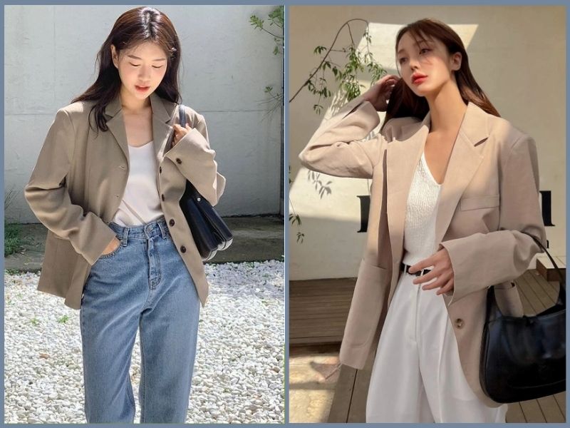 Áo phông trắng nữ kết hợp với áo blazer tạo nên outfit ấn tượng