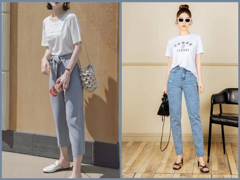 Áo thun trắng nữ kết hợp quần baggy cùng giày cao gót hay đế bệt