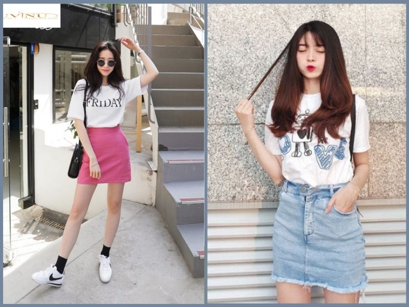 Nữ tính, trẻ trung khi mặc áo thun trắng nữ với chân váy chữ A