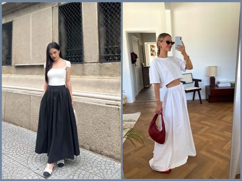 Áo phông trắng nữ và chân váy maxi mang lại vẻ thanh lịch, dịu dàng