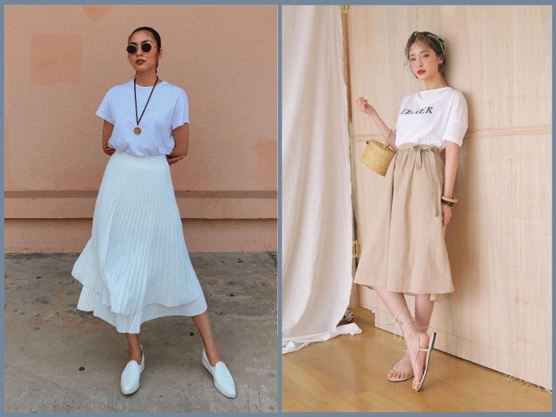 Phối đồ với áo thun trắng nữ cùng chân váy midi