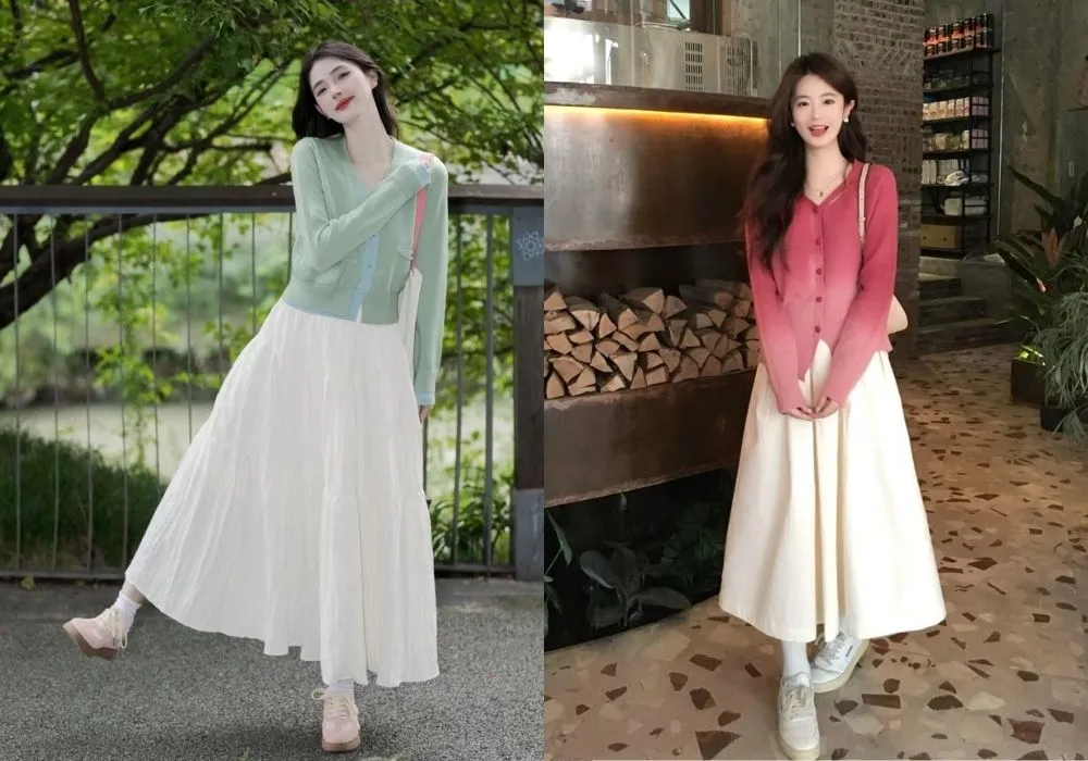 Cách phối đồ với áo cardigan nữ màu hồng nhạt và chân váy trắng Cách phối đồ với áo cardigan nữ màu hồng nhạt và chân váy trắng