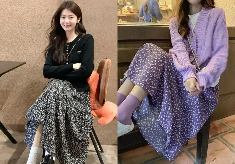 Phối áo len cardigan ton sur ton với váy hoa nhí tím dịu dàng Phối áo len cardigan ton sur ton với váy hoa nhí tím dịu dàng