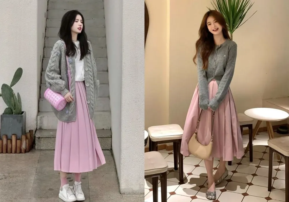 Cách mix áo cardigan nữ với chân váy xếp ly Cách mix áo cardigan nữ với chân váy xếp ly