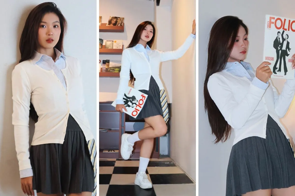 Phối áo cardigan cùng chân váy xếp ly