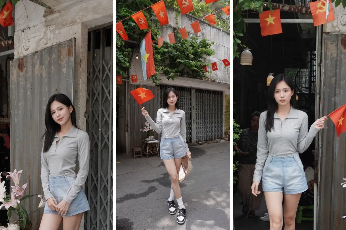 Quần short jeans và áo thun tay dài năng động