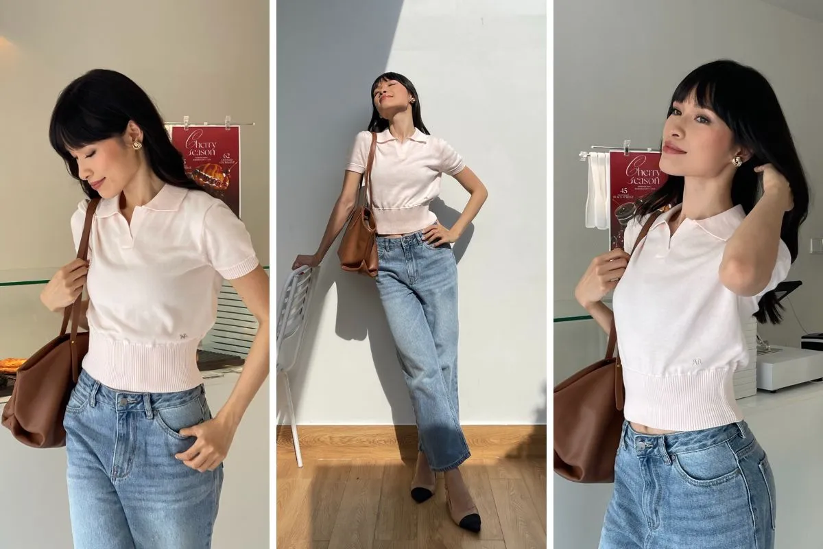 Quần jeans ống đứng cùng áo polo dệt kim