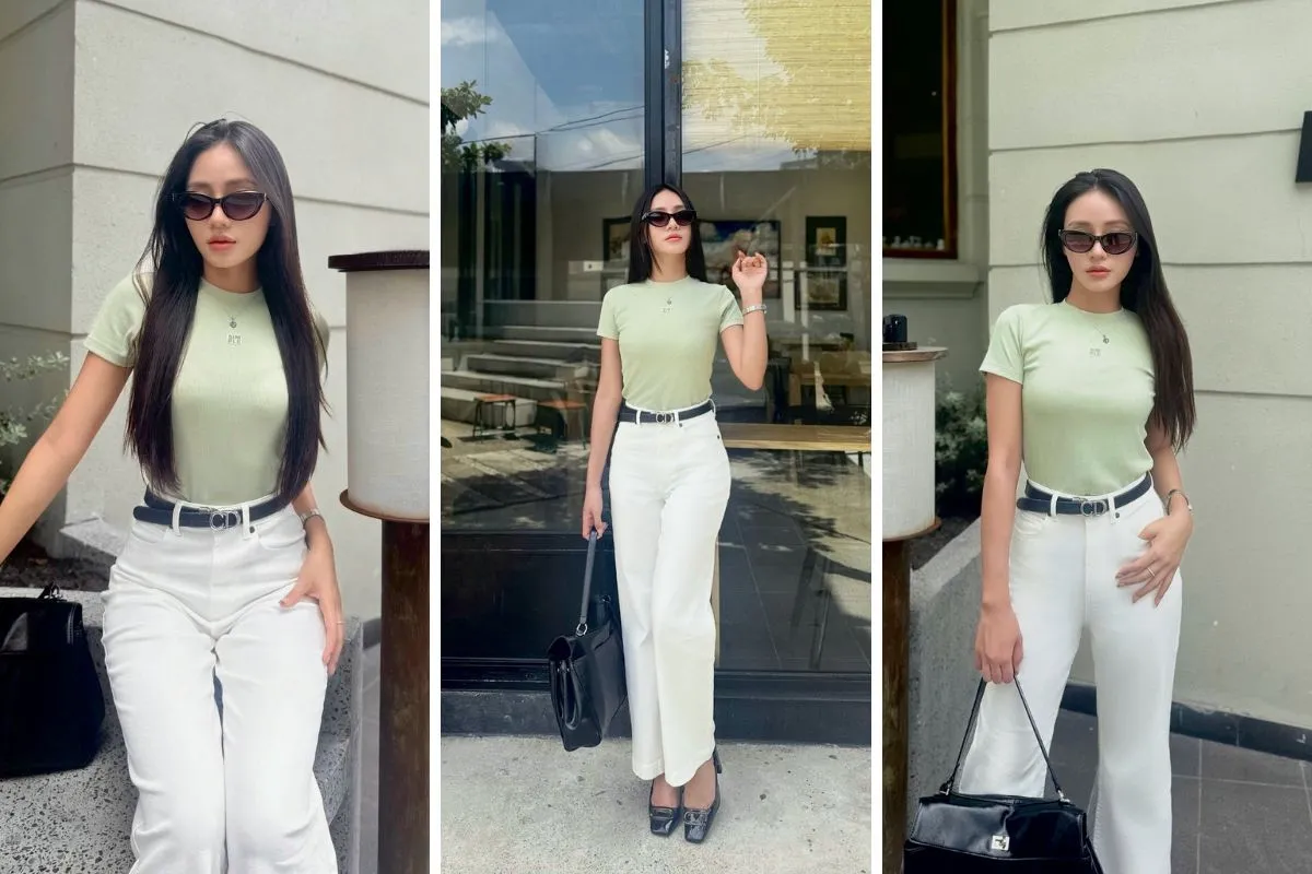 Áo thun cùng quần jeans trắng