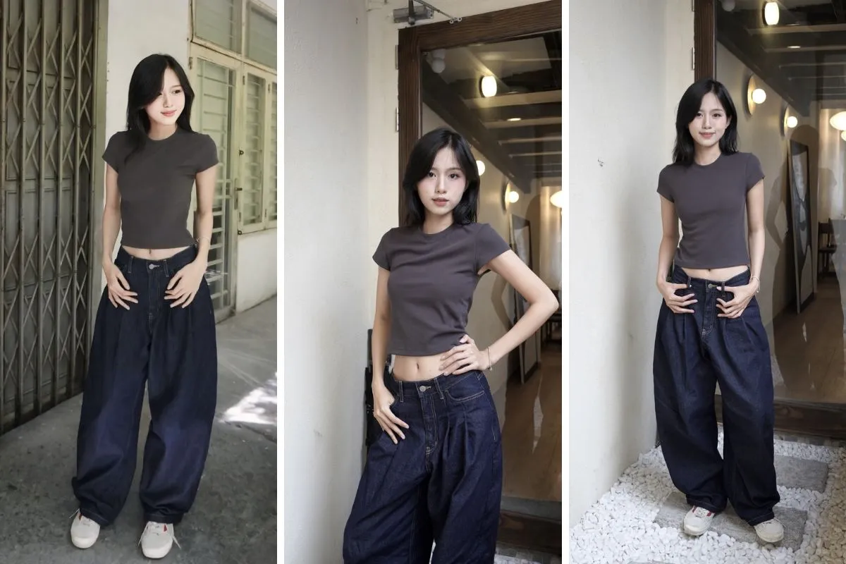Phối đồ năng động cùng quần jeans ống rộng